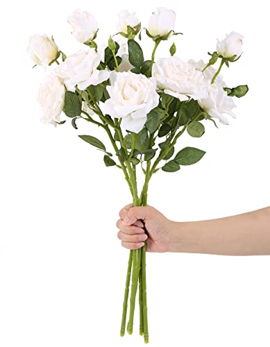 White Roses Artificial Flowers IPOPU 2125 Long Stem Faux White Roses Bulk Silk Flowers 5PCS 15Heads White Flowers Artificial for Decoration for Dried Roses Bouquet Faux Floral Arrangements (White)