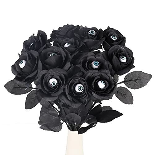 XHXSTORE 12pcs Halloween Flower Black Roses Artificial Flowers with Eyeballs Fake Roses Bouquet Silk Fall Flowers for Halloween Party Wedding Wreath Home Decoration (16 Inch)