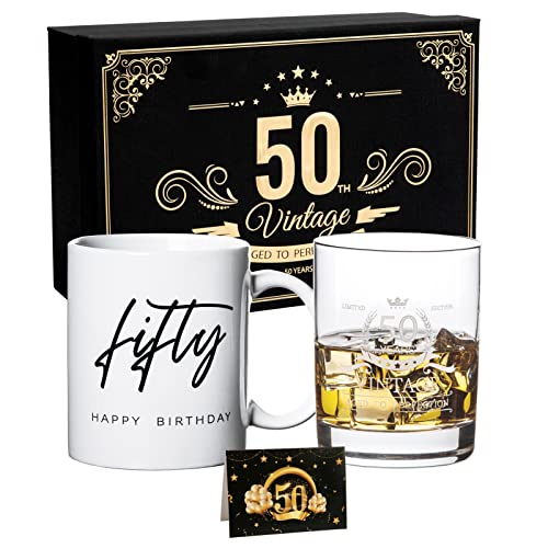 50th Birthday Gift Set for Men or Women with Gift Package Fifty Happy Birthday 11 oz Coffee Mug and Vintage 12 oz Whiskey Glass Idea for Funny 50 Year Old Present Birthday Decorations