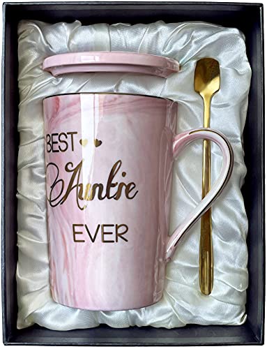Aunt Gifts from Niece and Nephew  Best Aunt Ever Mug Funny Happy Birthday Present for Auntie Aunty  Birthday Gifts for Aunt  Pink Marble Ceramic Coffee Mug Gifts Box Printed Gold 14 Oz