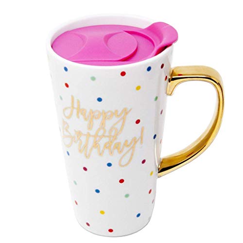 Lady Jayne 13oz Spill Proof Ceramic Coffee Travel Mug with Lid Series Pink Gold with Lid… (Happy Birthday)