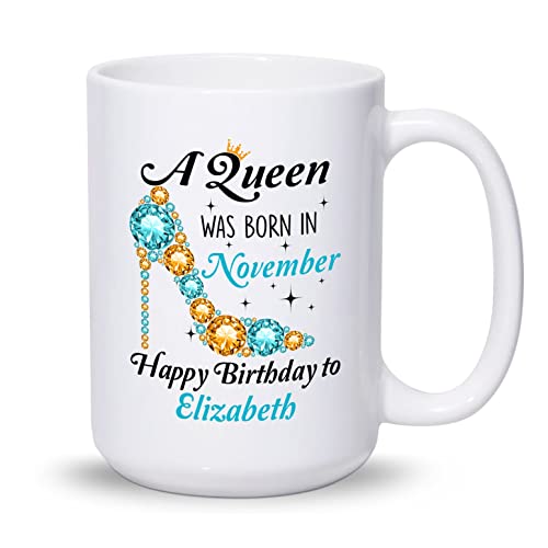 Personalized Happy Birthday Coffee Mug A Queen Was Born Happy Birthday Mug Custom Name Month Birthday Ceramic Mug Funny Birthday Mugs For Women Girls Queens Ladies Birthday Cups 11oz 15oz