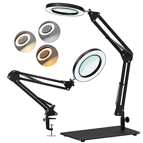 10X Magnifying Glass with Light KUVRS 2in1AntiTipping Base  Clamp Magnifying Lamp 3 Color Modes Stepless Dimmable Adjustable Swing Arm Lighted Magnifying Glass for Hobby Soldering Close Work
