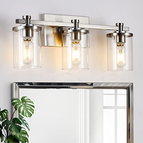 3 Light Bathroom Vanity Light Brushed Nickel Bathroom Light Fixture with Clear Glass Shade Bathroom Wall Sconces Over Mirror for Stair Living Room Bedroom Bathroom