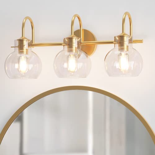 Gold Bathroom Light Fixture Gold Vanity Light for Bathroom with Clear Glass Shade 3 Light Bathroom Light Fixtures for Farmhouse Bathroom Light Over Mirror Wall Sconce