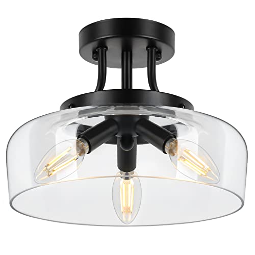 Modern Industrial Semi Flush Mount Ceiling Light with Clear Glass Shade 3Bulb Black Ceiling Light Fixture for Kitchen Bedroom Living Room Porch Hallway Entryway E12 Socket Bulbs Not Included