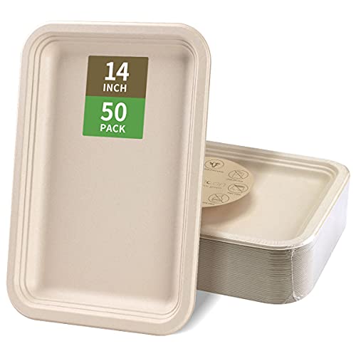 Bloomoon 50 Pack 14 Inch HeavyDuty Disposable Food Trays Compostable 14 Inch Extra Large Paper Plate Platters for Crawfish Lobster BBQ and Holiday Feast