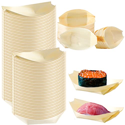 Disposable Wood Boat Plates Dishes Food Boats Disposable Bamboo Leaf Boat Wooden Boat Dish Sushi Boat Sushi Serving Tray Food Container Wood Bowl for Catering and Home Use(100 Pcs)