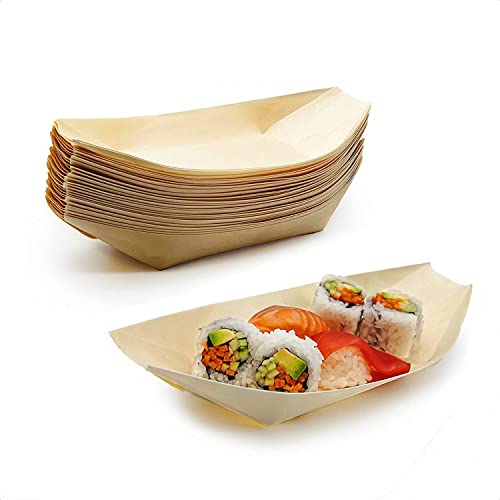 Disposable Wood Serving Boats Plates Trays 55 x 32100 PackSturdier Than Bamboo Biodegradable and Compostable BowlsPerfect for Party Restaurants Caterers and Food Trucks(100 5 INCH)