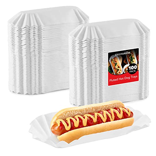 Stock Your Home Paper Hot Dog Trays (100 Pack) 6 Fluted Paper Hot Dog Liners  Disposable White Hot Dog Wrappers  Rectangular Food Trays for toGo Orders Takeout Concessions Stands Festivals