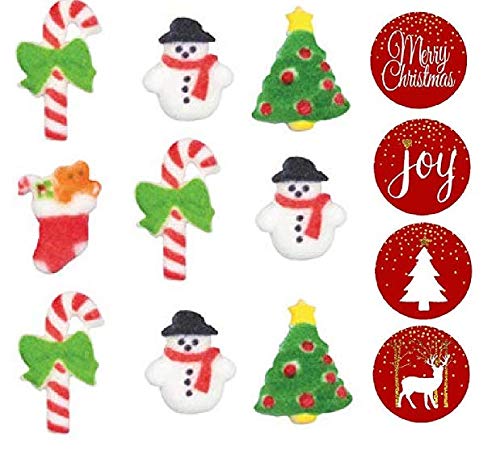 12pack Christmas Tree Snowman Candy Cane Red Stockings Edible Sugar Cake  Cupcake Decorations 12 Count with 12 Red Holiday Stickers