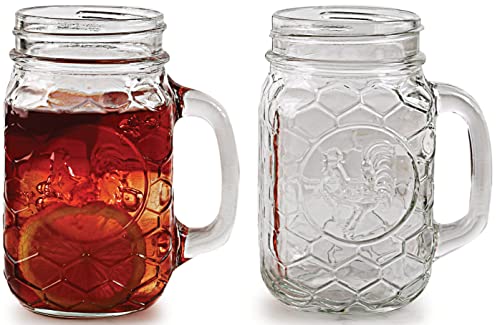 Circleware Rooster Set of Mason Jar Glass Mugs Set of 4 Beverage Water Juice Beer Glassware Drinking Glasses 175 oz(Rooster set)