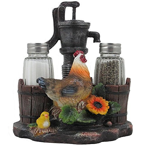 Farm Chicken and Old Fashioned Water Pump Glass Salt and Pepper Shaker Set with Holder Figurine in Country Kitchen Rooster Decor Sculptures and Statues and Rustic Gifts for Farmers