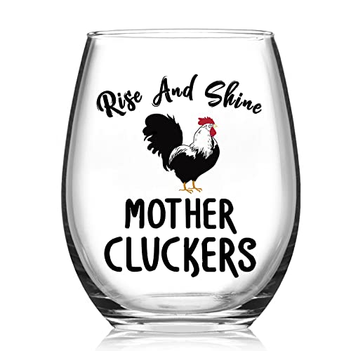 Futtumy Rooster Themed Gifts Rise And Shine Mother Cluckers Stemless Wine Glass for Women Mother Rooster Chicken Lover Sister Wife Friend Funny Wine Glass for Christmas Mothers Day Birthday 15oz