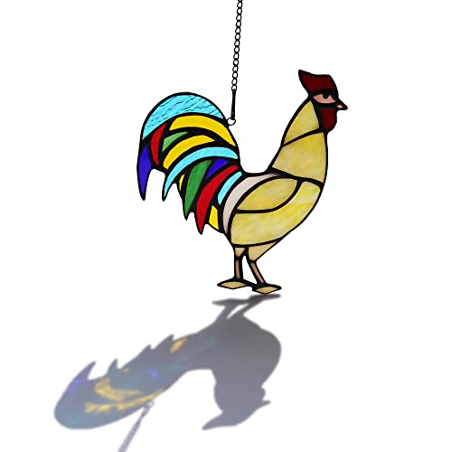 HAOSUM Rooster Suncatchers Stained Glass Window HangingChicken Decor for Backyard Entry Home Office BedroomCute Chicken Ornament Gifts for Mothers Day and Farm Decor