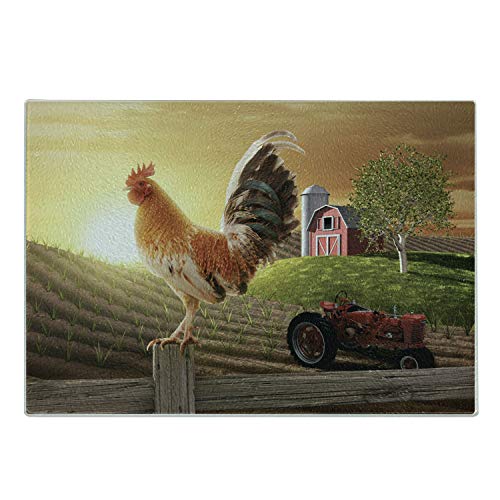 Lunarable Country Cutting Board Farm Barn Yard Image with Rooster Animal Early Bird Nature and Rising Sun Print Decorative Tempered Glass Cutting and Serving Board Small Size Brown Red