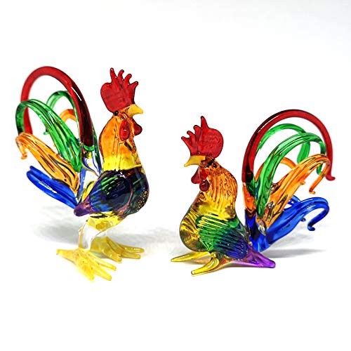 ZOOCRAFT Chicken Figurines Farm Collectibles Hand Blown Glass Rooster Set of 2