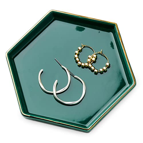 Jewelry Holder Ring Dish Ceramic Jewelry Organizer Tray Trinket Dish 45 Inches Ceramic Ring Holder for Rings Earrings Necklaces Hexagon Key Tray Home Decor Gift for Women Dark Green