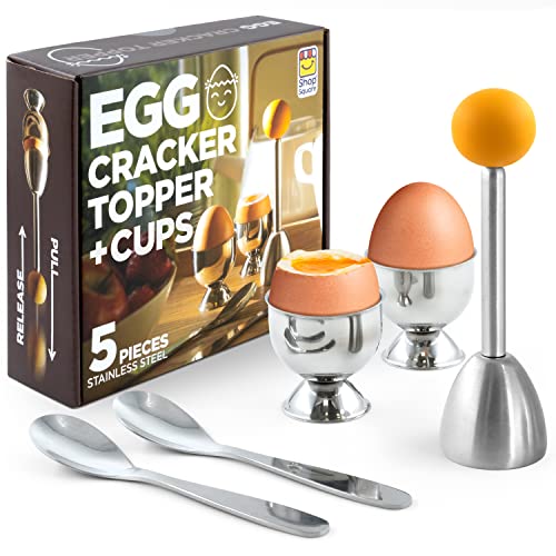 Egg Cracker Topper Set  5Piece Soft Boiled Eggs Breakfast Set  Includes 2 Egg Cups 2 Metal Spoons  1 Soft Boiled Egg Cutter or Opener  FoodGrade Stainless Steel Material  Egg Holder  Server