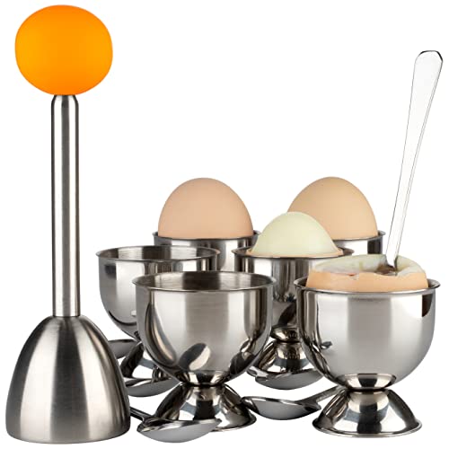 Egg Cracker Topper Set Soft Hard Boiled Eggs Separator Holder Include 6 Spoons and 6 Cups 1 Shells Remover Top Cutter Stainless Steel for Breakfast Kitchen Tool