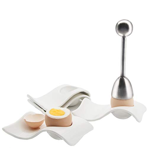 Egg Cup for Soft Boiled Eggs Kitchenexus Egg Cups  Cracker Topper Set 4pcs Set Ceramic Wave Egg Holder with Stainless Steel Egg Shell Egg Stand Holders for kitchen