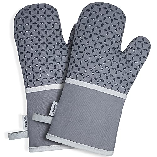 VHAUSE Oven Mitts Pair Heat Resistant 455°F  Long Cotton Oven Gloves Set with NonSlip Silicone Grip Baking Gloves for Kitchen Microwave Cooking Grilling BBQ Gray