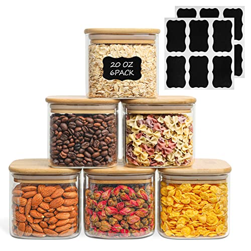 ComSaf 20 oz Glass Food Storage Jars Set of 6 Clear Storage Containers with Airtight Bamboo Lid Pantry Organization Jar Spice Blooming Tea Coffee and Sugar Container Canister Set for Kitchen