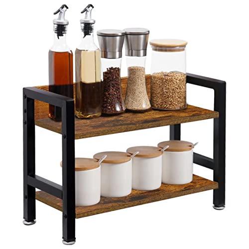 OUTBROS Countertop Shelf Organizer 2 Tier Standing Kitchen Spice Rack Desktop Storage Shelves with 4 Hooks Coffee Counter Organizer for Office Living Room Bathroom Dining Room