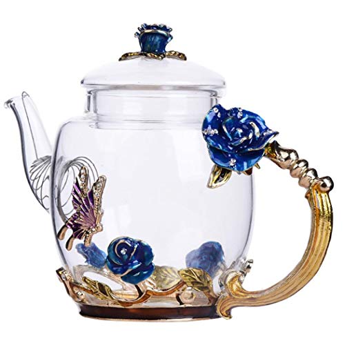 Floral Glass Teapot with France Enamel Flower Butterfly Decoration Safe Durable Floral Vintage Teapot（106oz  300ml） (Blue)