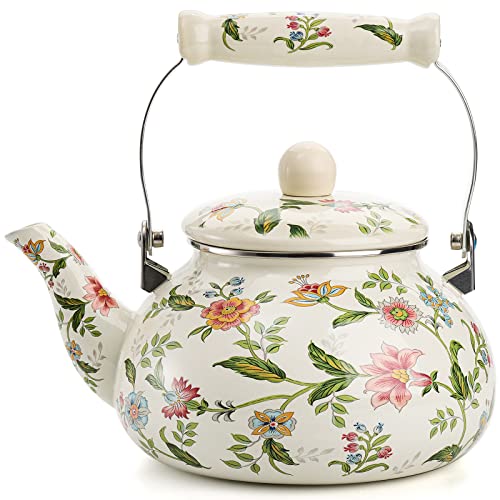 Jucoan 26 Quart Vintage Enamel Tea Kettle Green Floral Enamel on Steel Teapot with Cool Touch Porcelain Handle for Stovetop