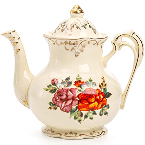 Okllen Floral Vintage Teapot 29 Oz Flowering Shrubs Tea Pot with Gold Leaf Edge European Style Coffee Pot Ivory Ceramic Teapot for Home Kitchen Office Gift