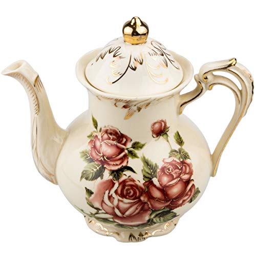 Rose Pattern Ceramic Tea Pot STARVAST Vintage Floral Pottery Teapot Ivory 28oz Large Porcelain Decorative Teapot Gifts or Collections Idea (Capacity 800 mL)