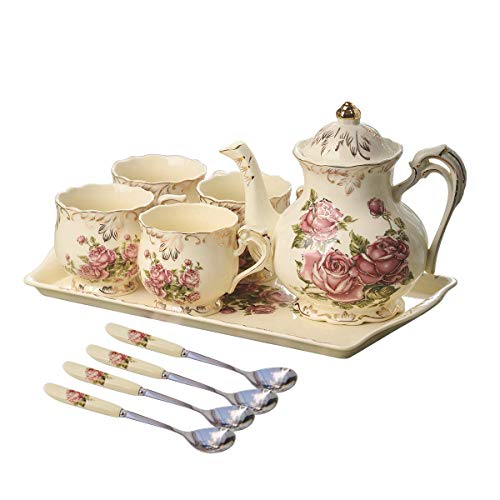 YOLIFE Porcelain Tea Set Vintage Rose Series Tea Cups with Teapot Serving Tray and Teaspoon Service for 4 Suitable for Hihgt Tea Party Wedding Gift Collcet Home Decor