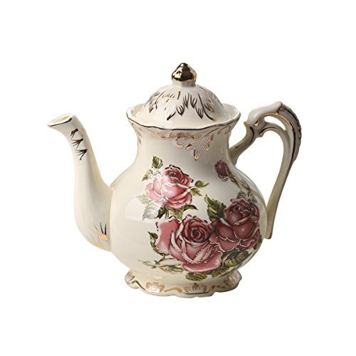 YOLIFE Red Rose Ceramic Tea Pot Ivory Floral Vintage Teapot with Gold Leaves Edge Cute Gifts (29oz)
